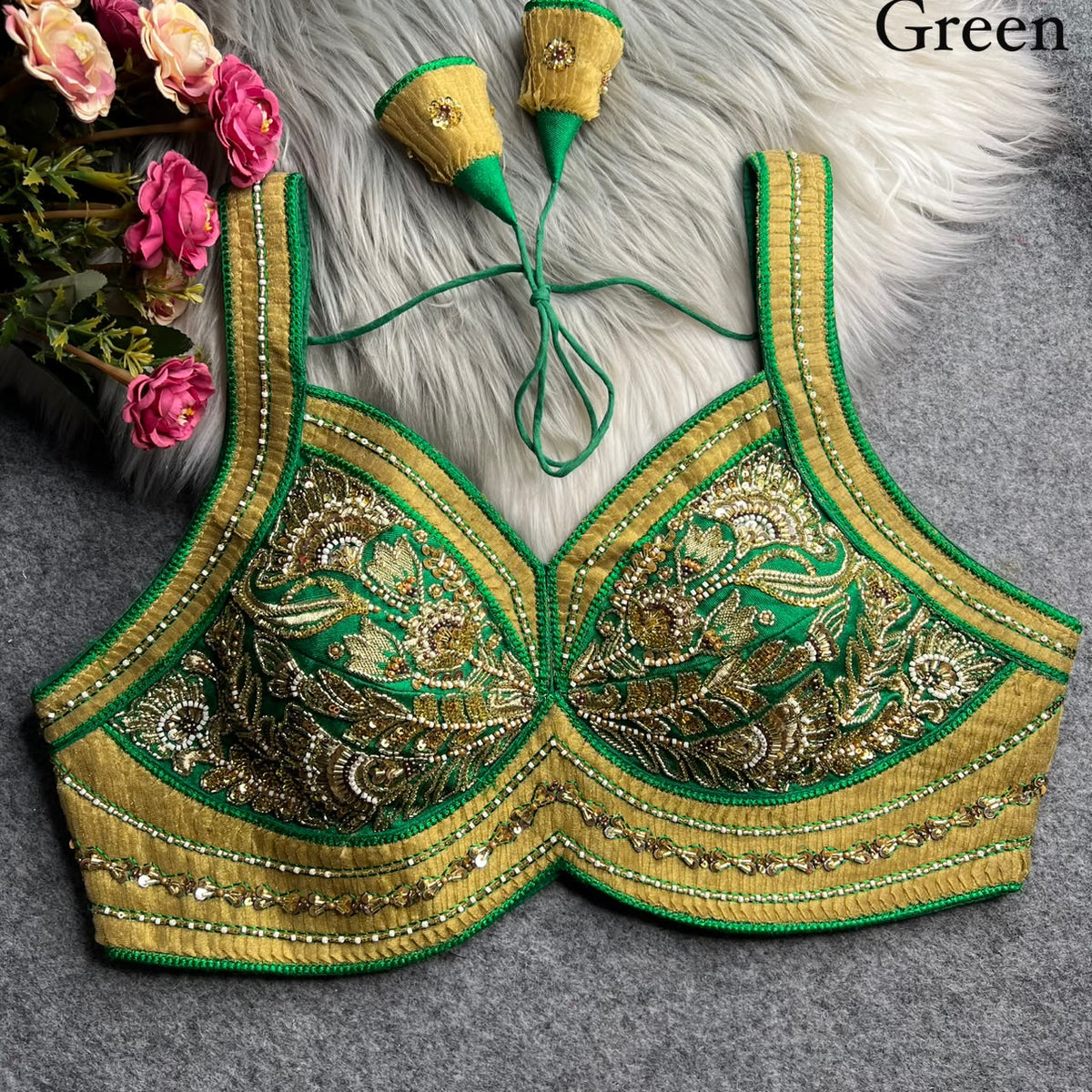 Pure ribbon & beads work ready made blouse