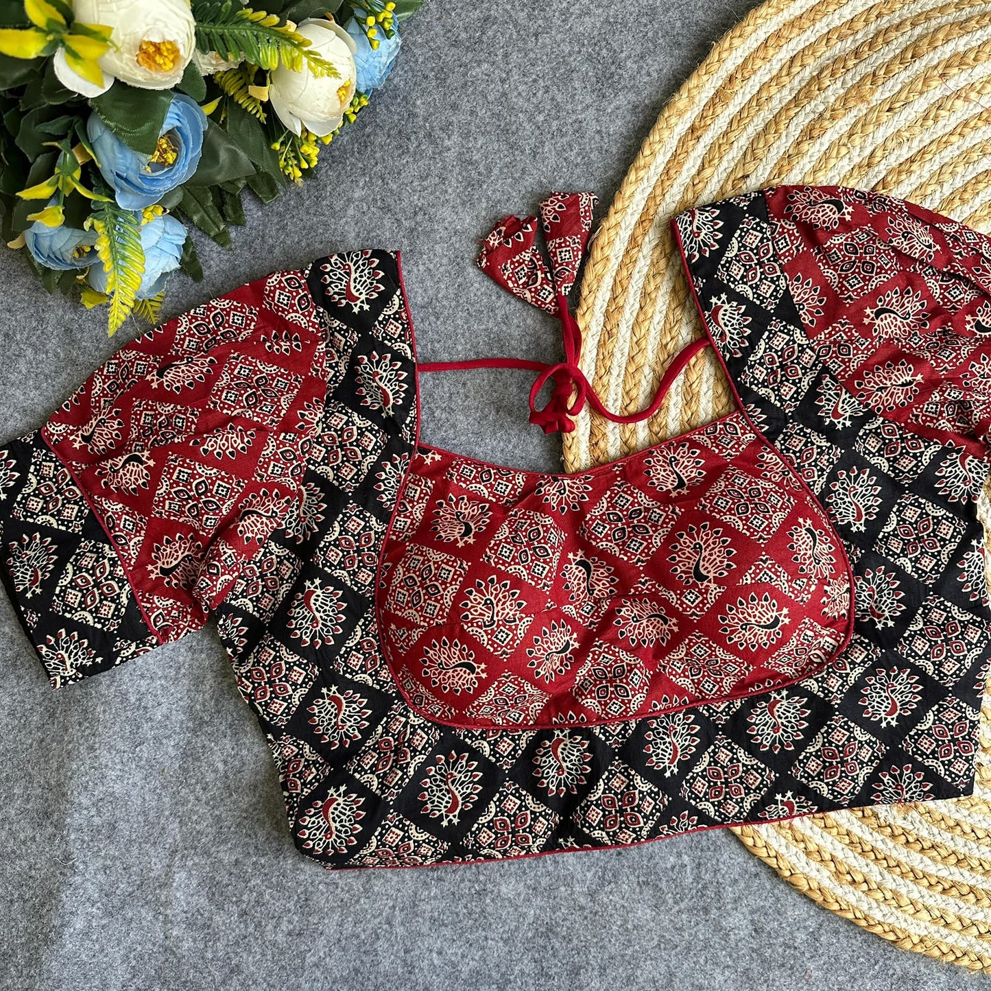 Original ajrakh cotton halter neck puff sleeve ready made blouse