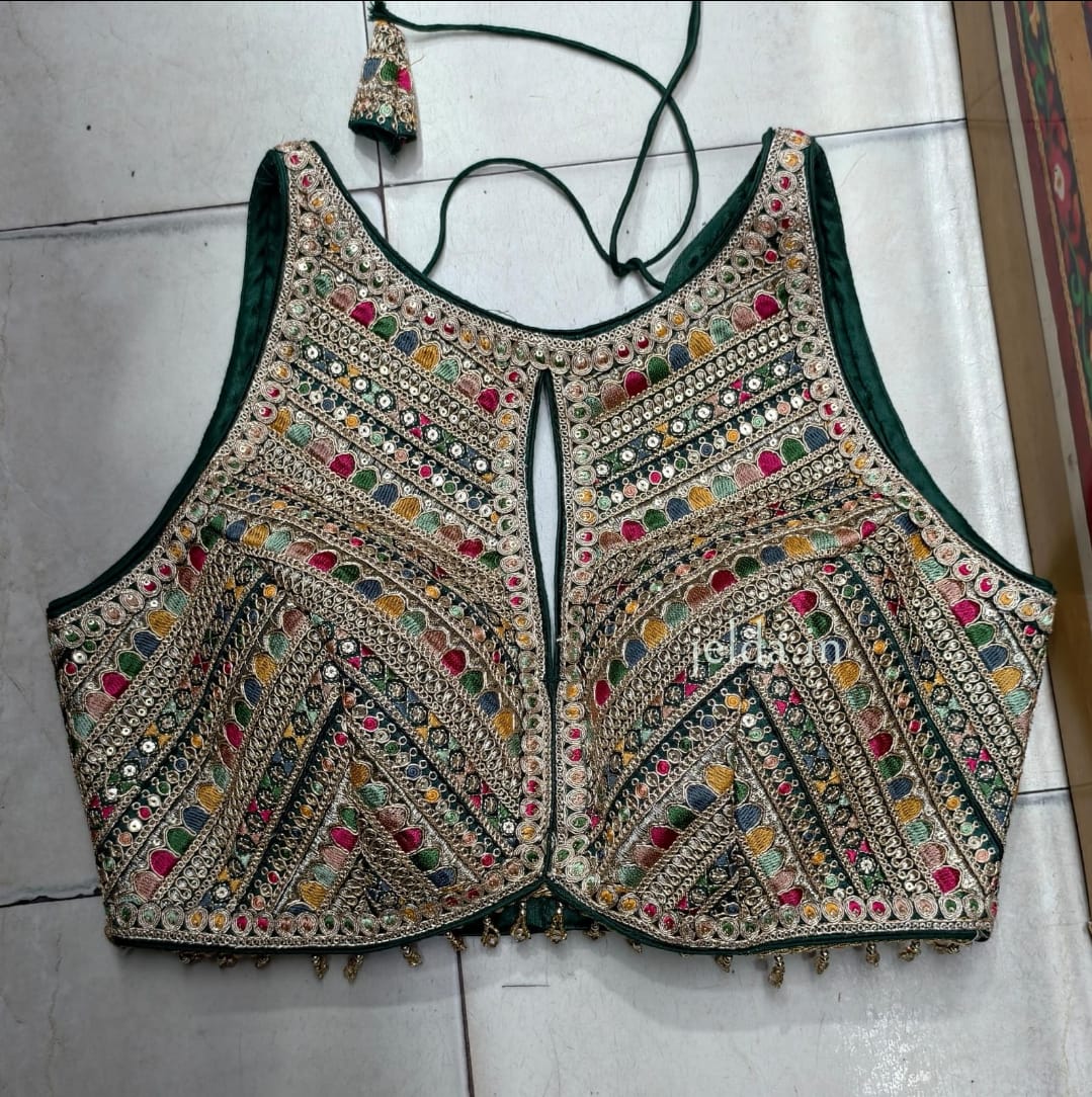 Heavy Embroidered Halter-Neck Lace Work Blouse with Front Keyhole