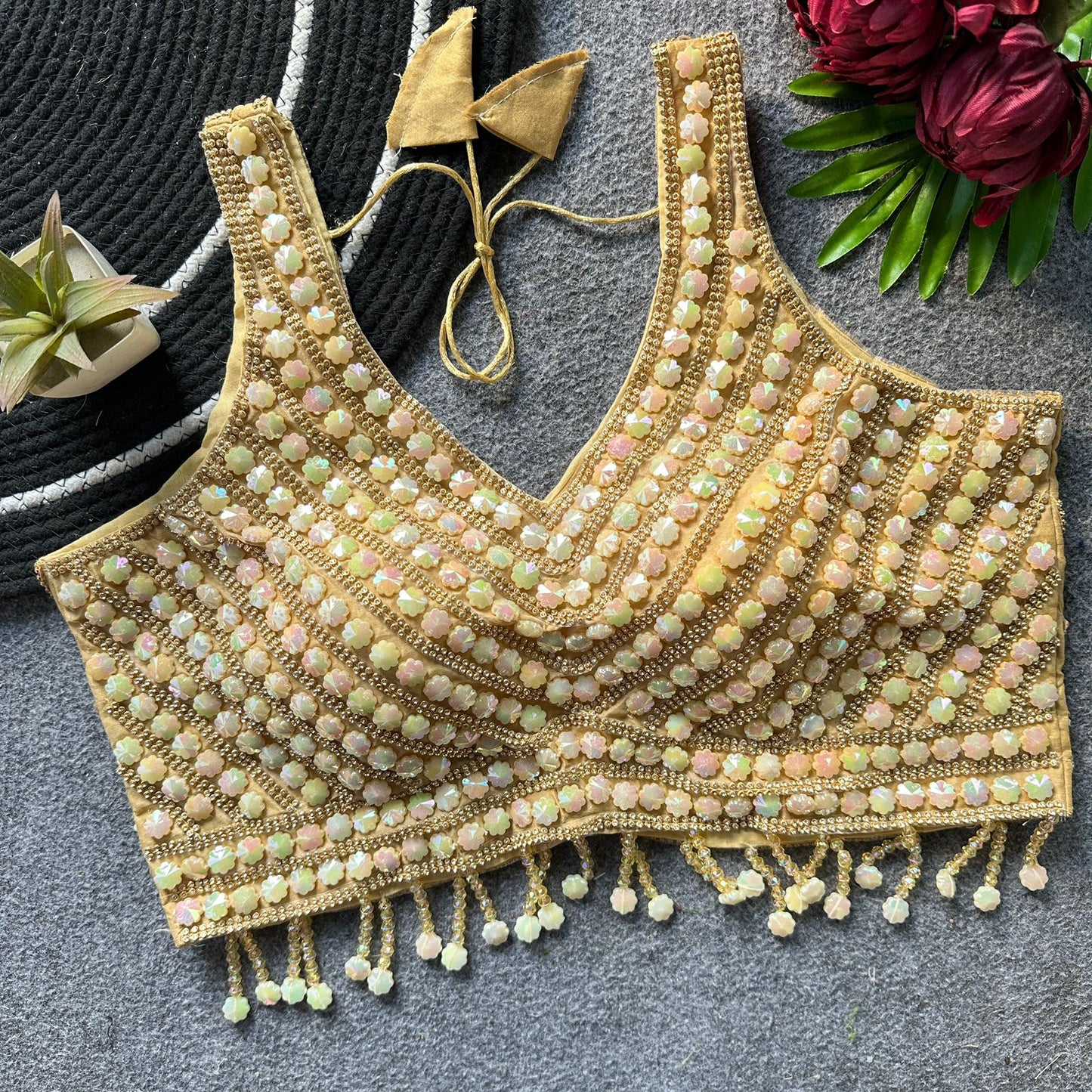 Pure handwork pearl, moti and beads cristal work ready made blouse